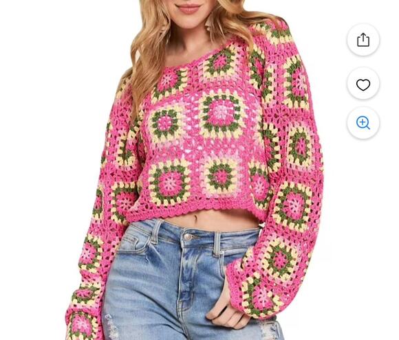 debut Sweaters - Debut pink crochet granny square sweater open knit cropped size M medium